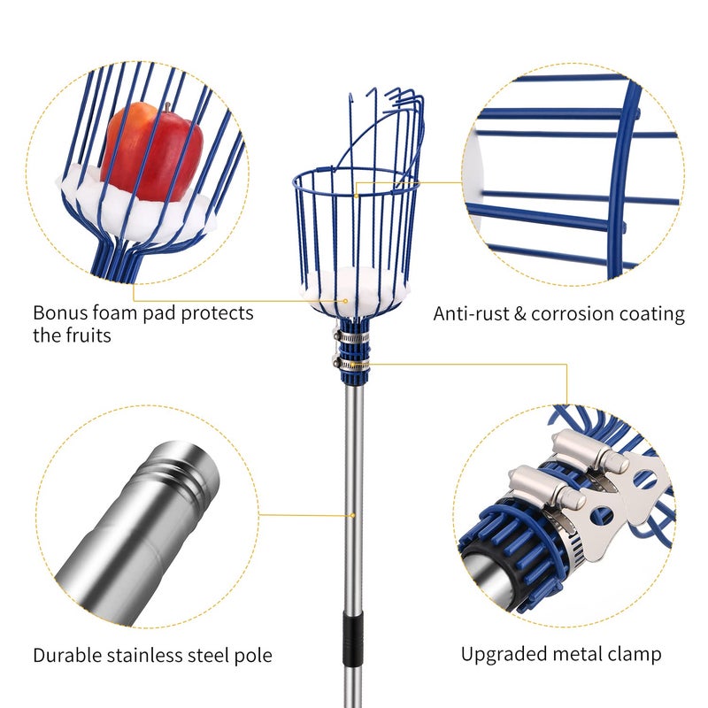 Oak Leaf Fruit Picker, 13 FT Picker Pole with Basket, Length Adjustable Apple Orange Picker Tool Tree Fruit Catcher with Lightweight Stainless Steel Connecting Pole, Foam Pad, 2 Metal Clamp(Upgraded) - Image 5